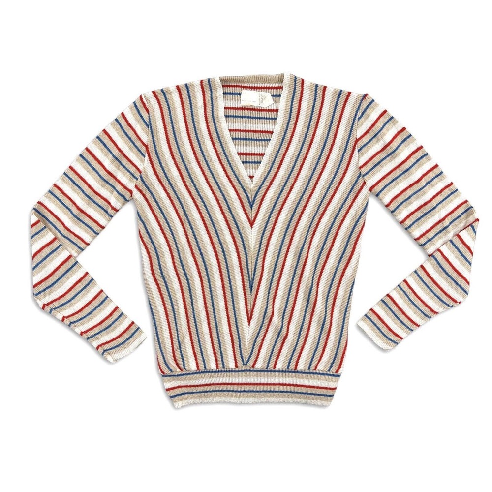 VINTAGE HIPPIE STRIPED BANDED WAIST V NECK TOP DEADSTOCK LARGE!